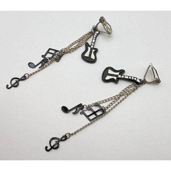 Retro Guitar Musical Note Dangle Earrings Clip On Silver Tone Musician - Picture 2 of 6